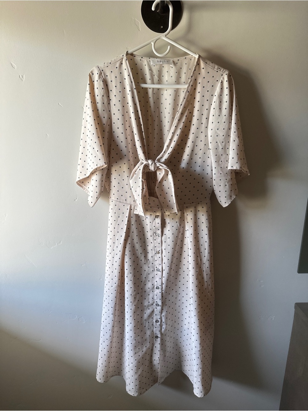 Babaton Polka Dot Tie-Front Midi Dress in Light Beige
